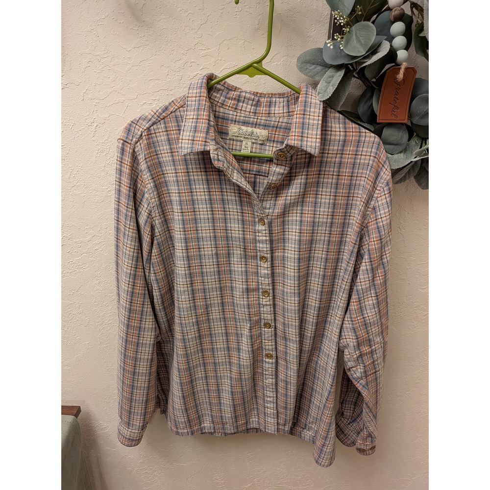 Cabelas Womens XL Plaid Flannel Shirt Long Sleeve Button Down Blue Orange Tan